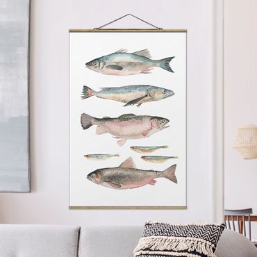 Stoffen schilderij met posterlijst Seven Fish In Watercolour I