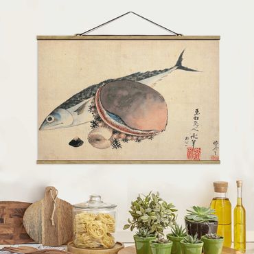 Stoffen schilderij met posterlijst Katsushika Hokusai - Mackerel and Sea Shells