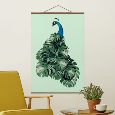 Stoffen schilderij met posterlijst Peacock With Monstera Leaves