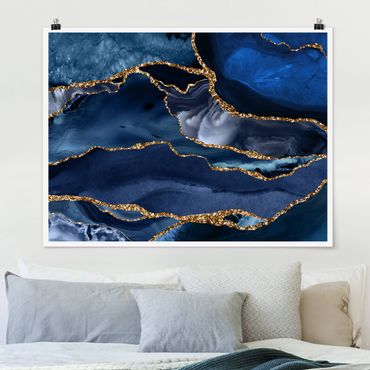 Posters Golden Glitter Waves Blue Backdrop