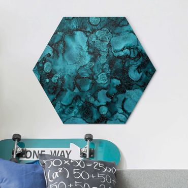 Hexagons Aluminium Dibond schilderijen Turquoise Drop With Glitter