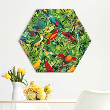 Hexagons Aluminium Dibond schilderijen Colourful Collage - Parrots In The Jungle