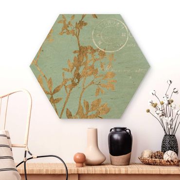 Hexagons houten schilderijen Golden Leaves On Turquoise I