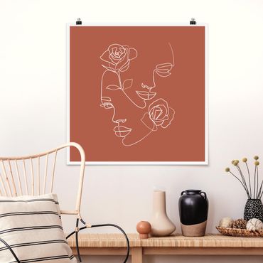 Posters Line Art Faces Women Roses Copper