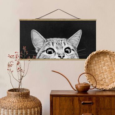 Stoffen schilderij met posterlijst Illustration Cat Black And White Drawing