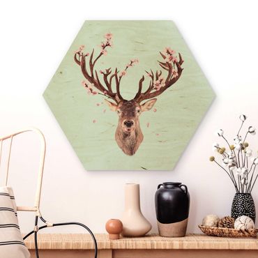Hexagons houten schilderijen Deer With Cherry Blossoms