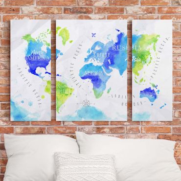 Canvas schilderijen - 3-delig World Map Watercolour Blue Green