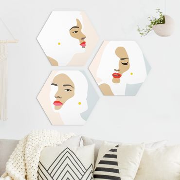 Hexagons Forex schilderijen - 3-delig Line Art Portrait Women Pastel Set