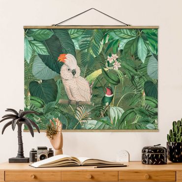 Stoffen schilderij met posterlijst Vintage Collage - Kakadu And Hummingbird