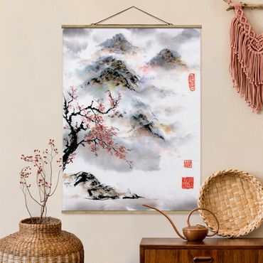 Stoffen schilderij met posterlijst Japanese Watercolour Drawing Cherry Tree And Mountains