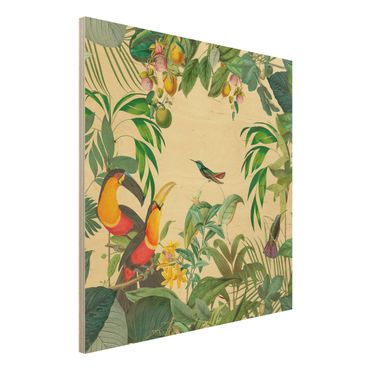 Houten schilderijen Vintage Collage - Birds In The Jungle