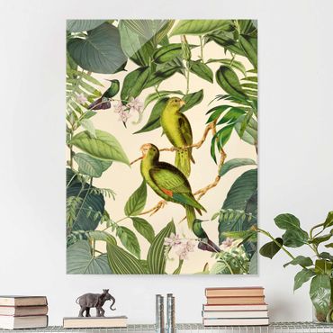 Glasschilderijen Vintage Collage - Parrots In The Jungle