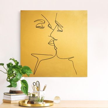 Canvas schilderijen - Goud Line Art Kiss Faces Black And White