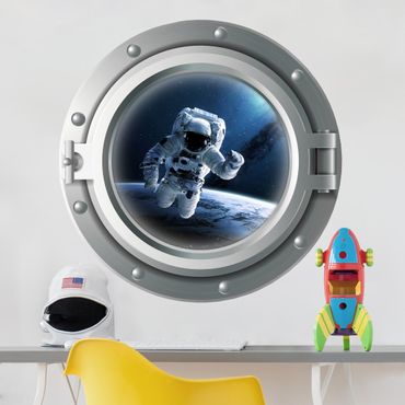Muurstickers 3D porthole - astronaut in space