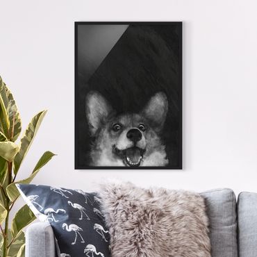 Ingelijste posters Illustration Dog Corgi Paintig Black And White