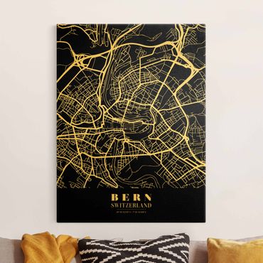 Canvas schilderijen - Goud Bern City Map - Classic Black