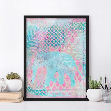 Ingelijste posters Colourful Collage - Elephant In Blue And Pink