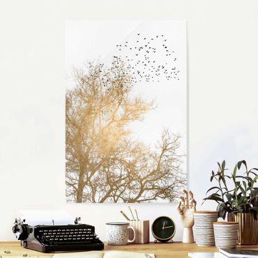 Glasschilderijen Flock Of Birds In Front Of Golden Tree