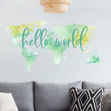Muurstickers Watercolor world map turquoise with desired text