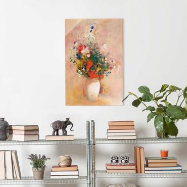 Glasschilderijen Odilon Redon - Vase With Flowers (Rose-Colored Background)