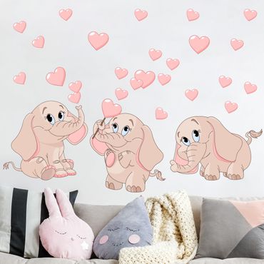 Muurstickers Three pink elephant babies with hearts