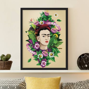 Ingelijste posters Frida Kahlo - Frida, Monkey And Parrot