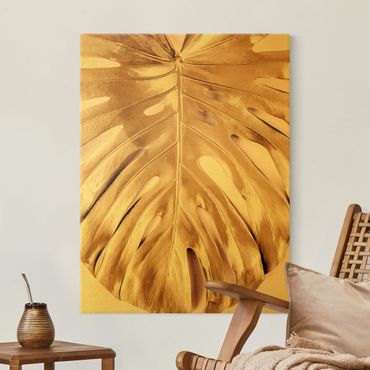 Canvas schilderijen - Goud Golden Monstera Leaves On Pink