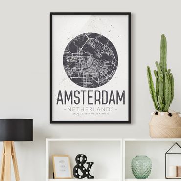 Ingelijste posters Amsterdam City Map - Retro