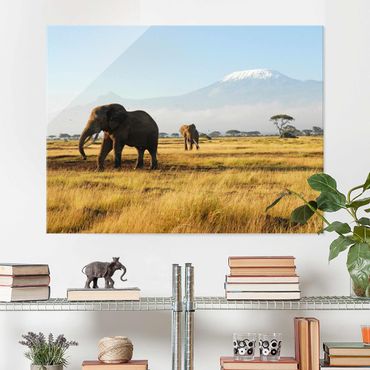 Glasschilderijen Elephants In Front Of The Kilimanjaro In Kenya