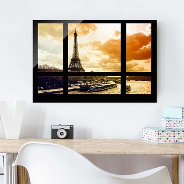 Glasschilderijen Window view - Paris Eiffel Tower sunset