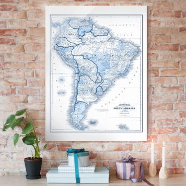 Glasschilderijen Map In Blue Tones - South America