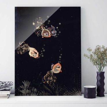Glasschilderijen Jean Dunand - Underwater Scene with red and golden Fish, Bubbles