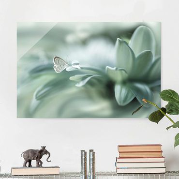 Glasschilderijen Butterfly And Dew Drops In Pastel Green