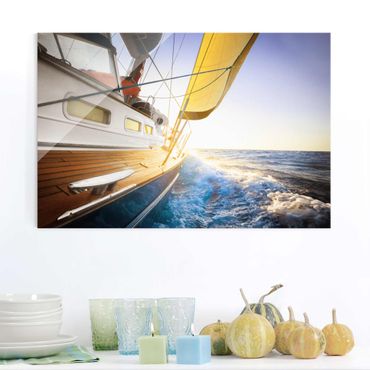Glasschilderijen Sailboat On Blue Ocean In Sunshine