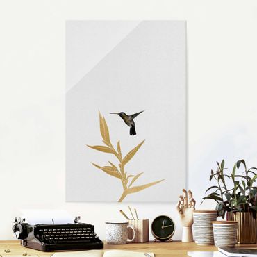 Glasschilderijen Hummingbird And Tropical Golden Blossom II
