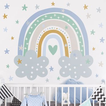 Muurstickers Rainbow with clouds blue turquoise