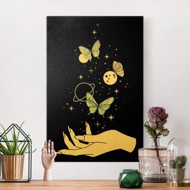 Canvas schilderijen - Goud Magical Hand - Butterflies And Planets