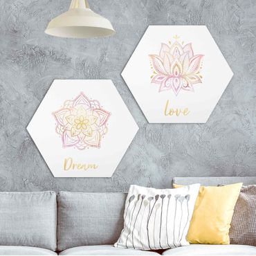 Hexagons Aluminium Dibond schilderijen - 2-delig Mandala Dream Love Set Gold Pink