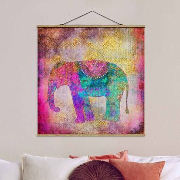 Stoffen schilderij met posterlijst Colourful Collage - Indian Elephant