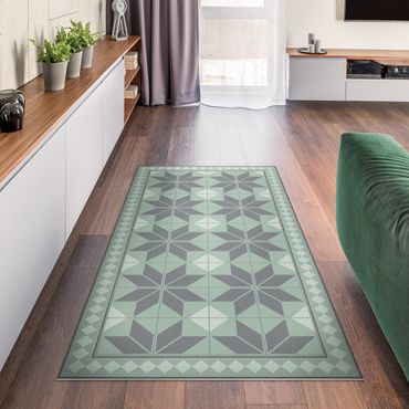 Vinyl tapijt Geometrical Tiles Star Flower Mint Green Shade With Narrow Border