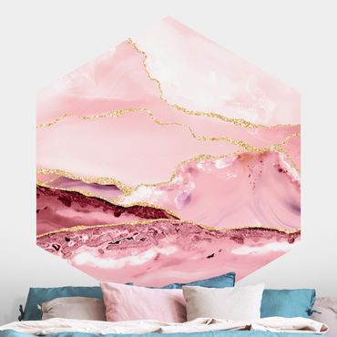Hexagon Behang Abstract Mountains Pink With Golden Lines