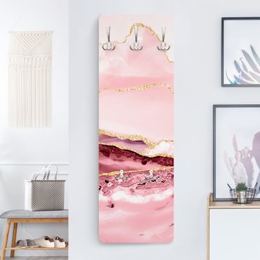 Wandkapstokken houten paneel Abstract Mountains Pink With Golden Lines