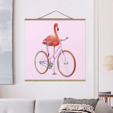 Stoffen schilderij met posterlijst Flamingo With Bicycle