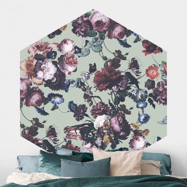 Hexagon Behang Old Masters Flowers With Tulips And Roses On Green