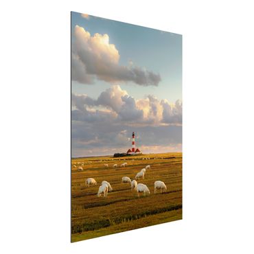 Aluminium Dibond schilderijen North Sea Lighthouse With Flock Of Sheep
