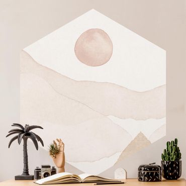 Hexagon Behang Landscape In Watercolour The Sun And The Mountains