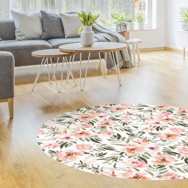Rond vinyl tapijt Watercolour Pink Flowers In Front Of White
