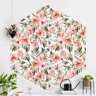 Hexagon Behang Watercolour Pink Flowers In Front Of White