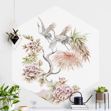Hexagon Behang Watercolour Storks In Flight With Flowers