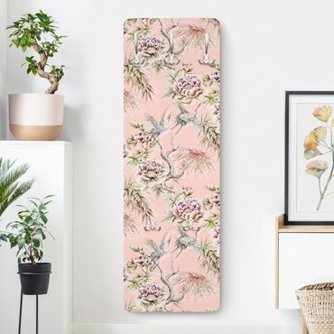Wandkapstokken houten paneel Watercolour Birds With Large Flowers In Front Of Pink